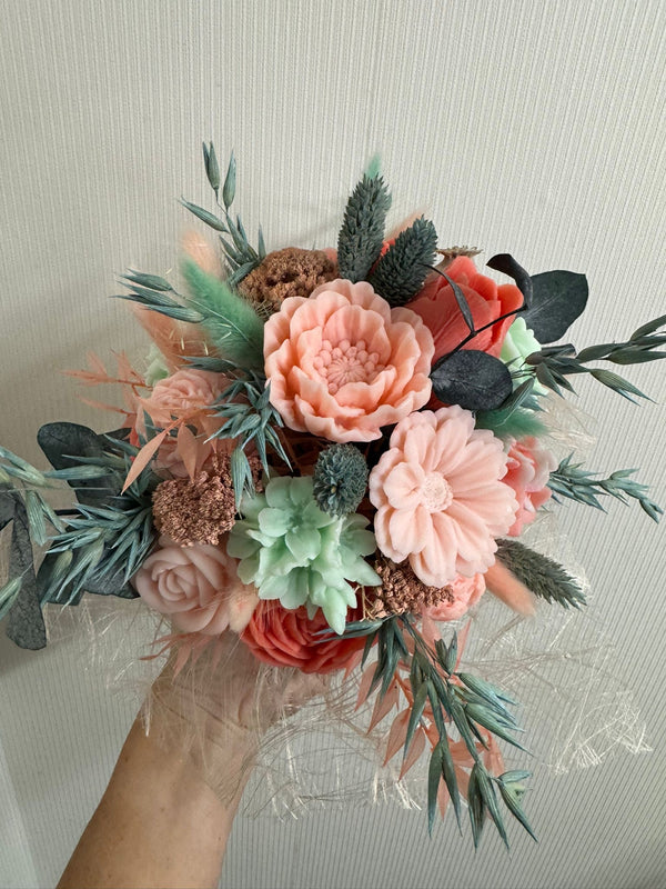 Bouquet de fleurs de cire de soja - vert menthe et rose saumoné