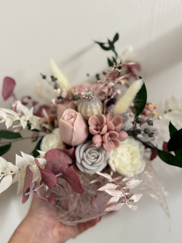 Bouquet de fleurs de cire de soja - vieux rose et grise
