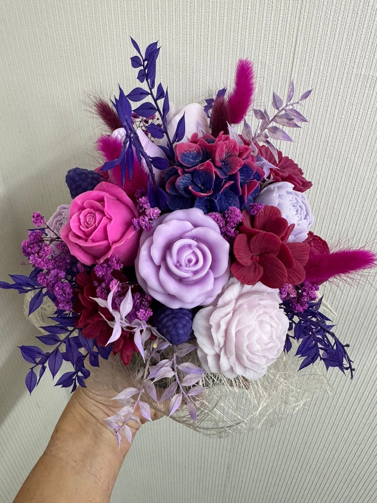 Bouquet de fleurs en cire de soja - fuchsia, lilas, violet